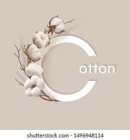 Round letters Cotton with cotton branch on a light background. White cotton buds and brown branch. Vector illustration