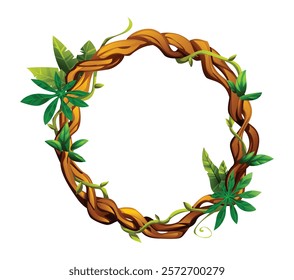 Round liana frame with leaves and intricate vine details. Ideal for jungle inspired designs. Vector cartoon illustration