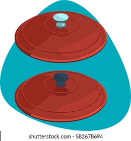 Round lid for pot, pan or dutch oven. Silver and black knob. Isolated. On blue background.