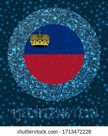 Round Liechtenstein badge. Flag of Liechtenstein in glowing network mesh style. Country network logo. Radiant vector illustration.
