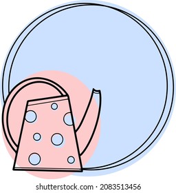 Marco azul claro redondo con lata de riego rosa, ilustración vectorial con un espacio vacío para la inserción, icono emblema