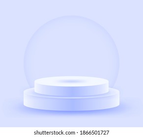 Round light blue stage podium illuminated with light. Stage vector backdrop. Festive podium scene for award ceremony on white, blue background. Vector white pedestal for product presentation.