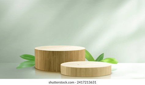 Round light brown wooden 3d product podium with green plant leaf and natural shadow on pastel wall. Showcase platform with wood texture for goods display. Realistic vector mockup of promo pedestal.