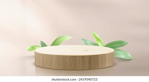 Podio de producto 3d de madera marrón claro redondo con hoja de planta verde y sombra natural en la pared pastel. Mostrador con textura de madera para la presentación de productos. Parodia vectorial realista del pedestal de promoción.