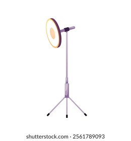 Round light bulb on tripod flat icon. Light projector ring shape. Vector illustration isolated on white. Cartoon professional spotlight on stick stand equipment for selfie photo video studio