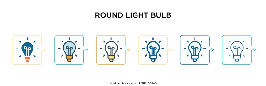 Round light bulb vector icon in 6 different modern styles. Black, two colored round light bulb icons designed in filled, outline, line and stroke style. Vector illustration can be used for web, 