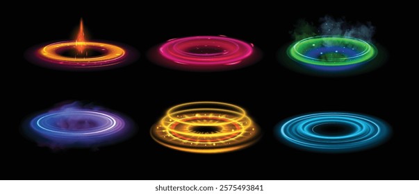 Round light flares. Glowing rings, energy flow tunnel, shiny color neon round magic frames, light circles light effect with sparks and smoke. Futuristic portals vector set.