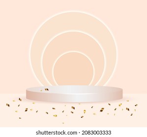 Podio de luz redonda sobre fondo de melocotón con luz y confeti. 3 quinquies podio. Velador blanco vectorial para la presentación del producto.
