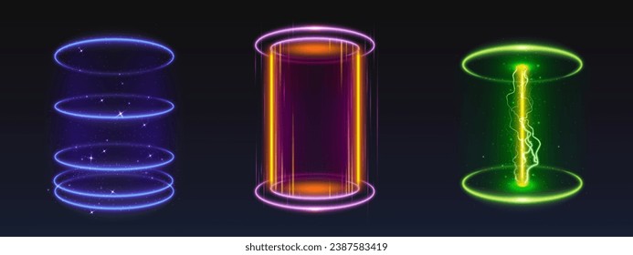 Round light portals isolated on black background. Vector realistic illustration of futuristic neon blue, yellow, green holograms for game ui design, sparkles, digital teleport, lightning strike effect