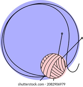Runder hellvioletter Rahmen mit leerem Einfügemarkt, Nadellage, Stricken mit Ball und Stricknadeln, mit einer Linie zeichnen