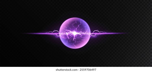 Round light teleporter with lightning electric discharges, explosion of light energy, glare and beam of light in the center. Vector for web design and illustrations.