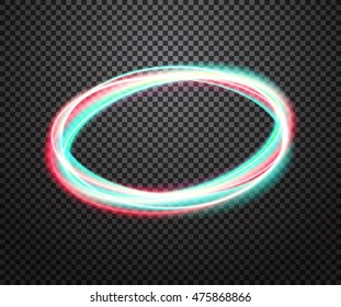 Round light trail vector special effect with transparency isolated on checkered background. Colorful glowing neon ring design element for decoration