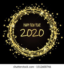 round lightning with dots and sparkle effects colored golden on dark background with Happy New Year 2020 greetings