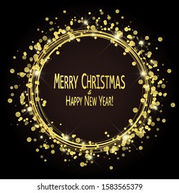 round lightning with dots and sparkle effects colored golden on dark background with Merry Christmas and Happy New Year greetings
