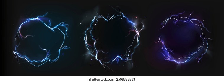 Round lightning frames set isolated on black background. Vector realistic illustration of circular thunder bolt borders glowing in neon colors, electric energy discharge effect, magic power strike