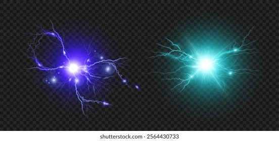 Round lightning with sparks and thunderbolts. Vector isolated realistic set of powerful electrical discharge, plasmic spheres with energy and power. Forceful natural effect, plasma ball