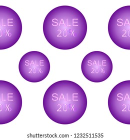 Round lilac glowing sale seamless pattern 50% on a white background. shopping background. Vector texture for background, banners for online store. Seamless pattern for promo and advertising.