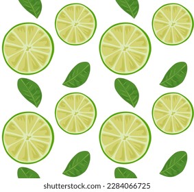 Round lime slices with lime leaves. Seamless pattern in vector. Popular pattern with fruits. Suitable for print and background.