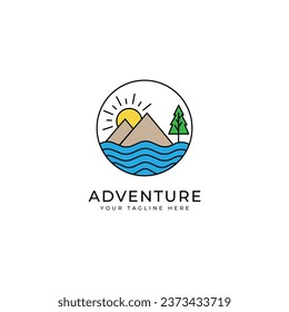 Logo del paisaje montañoso de la línea redonda de arte. logotipo de viajes y turismo