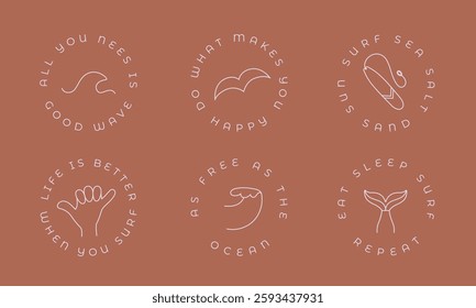 Round line badge about wave, surf board, gesture, hand, seagall, quote. Simple icons with text for surf camp, club merch, sticker template