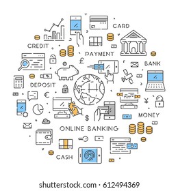 Round line banner for online banking. Modern linear banner for internet banking.
