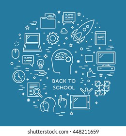 Round line concept for back to school. Vector linear symbol for school. Open path.