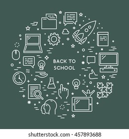 Round line concept for back to school. Vector linear symbol for school. Open path.