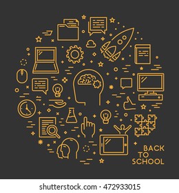 Round line concept for back to school. Vector linear symbol for school. Open path.