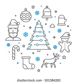 Round line concept Merry Christmas. Vector linear Christmas banner.