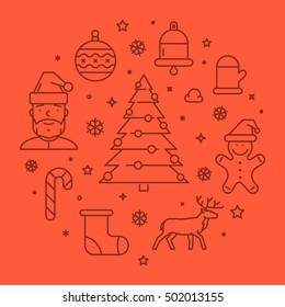 Round line concept Merry Christmas. Vector linear Christmas banner.