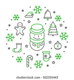 Round line concept Merry Christmas. Vector linear Christmas banner.