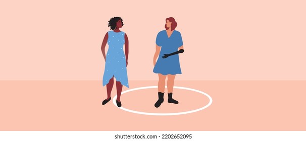Round line as concept of personal boundaries of disabled person with prosthesis, flat vector stock illustration with encroachment on private zone