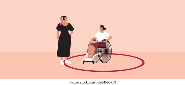 Round line as concept of personal boundaries of disabled person, flat vector stock illustration with violation of private zone