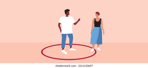 Round line as concept of personal boundaries of African person, flat vector stock illustration with violation of private boundaries in pair