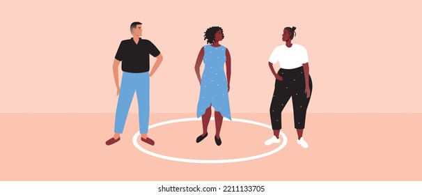 Round Line As Concept Of Personal Boundaries Of Teenager, Flat Vector Stock Illustration With Violation Of Private Boundaries In Multicultural Family