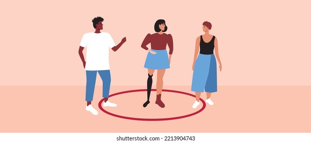 Round line as concept of personal boundaries of teenager with disability, flat vector stock illustration with violation of private boundaries by mom and dad in family