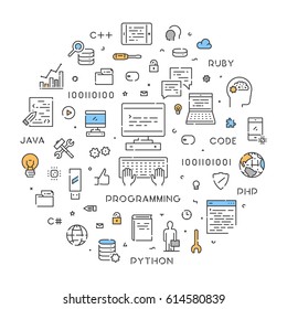 Round line concept for programming. Modern linear web banner for coding.