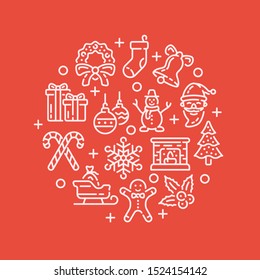 Round line design with Christmas and New Year elements isolated on red background. Winter holidays symbols print. Vector illustration.