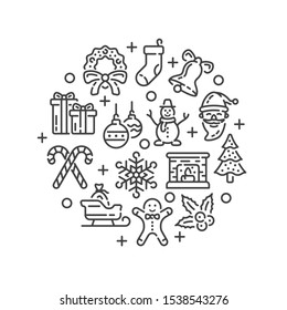 Round line design with Christmas and New Year elements isolated on white background. Winter holidays symbols print. Vector illustration.