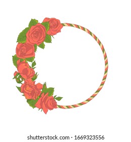 Marco redondo con ramo de flores rosadas. Ilustración vectorial.