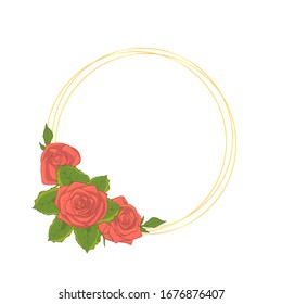 Round line frame with pink rose flower bouquets. Vector illustration.