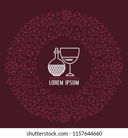 Round line vector illustration of winery elements with ornament frame. Modern style art. For logo, baner, wine list, menu, label