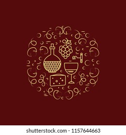 Round line vector illustration of winery elements. Modern style art