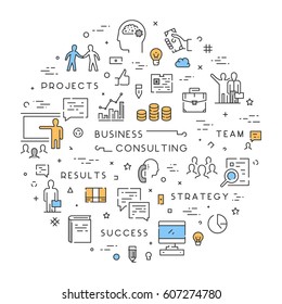 Round linear concept for business consulting. Vector line banner for business consultation. Open path.