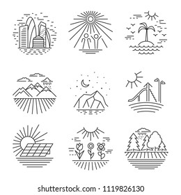 Round Linear icons and logo design elements with landscapes. Urban and nature scenes icons set. Vector illustration