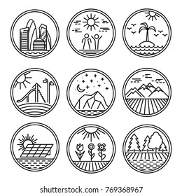 Round Linear icons and logo design elements with landscapes. Urban and nature scenes icons set. Vector illustration