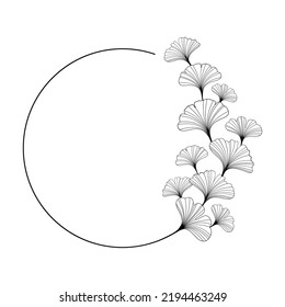 Round linear vector frame with Ginkgo Biloba leave. Decorative round branch for invitation isolated on white.
