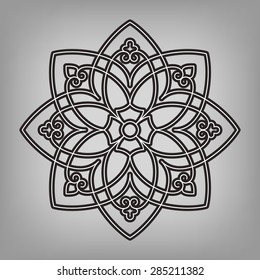 Round linear vector ornament on gray background. Eight pointed circular pattern. Mandala. 