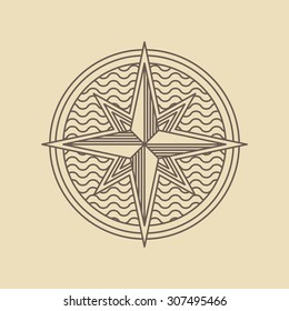 Round linear vintage compass logo.  Outline monochrome stamp navigation brand design.