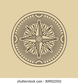 Round linear vintage compass logo.  Outline monochrome stamp navigation brand design.